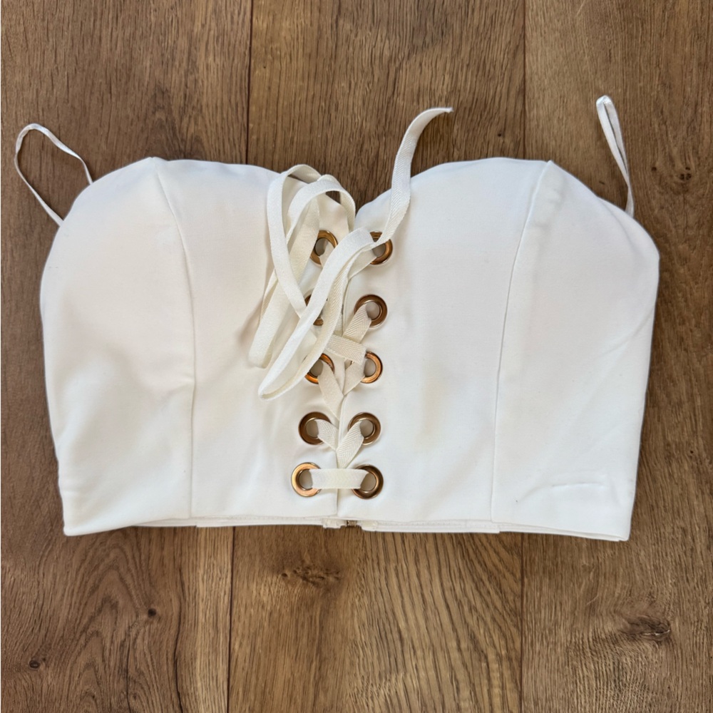 White Lace-Up Strapless Top